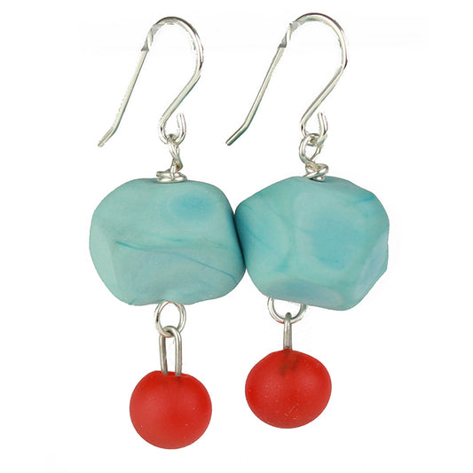 Nugget and charm earrings - turquoise and cherry red
