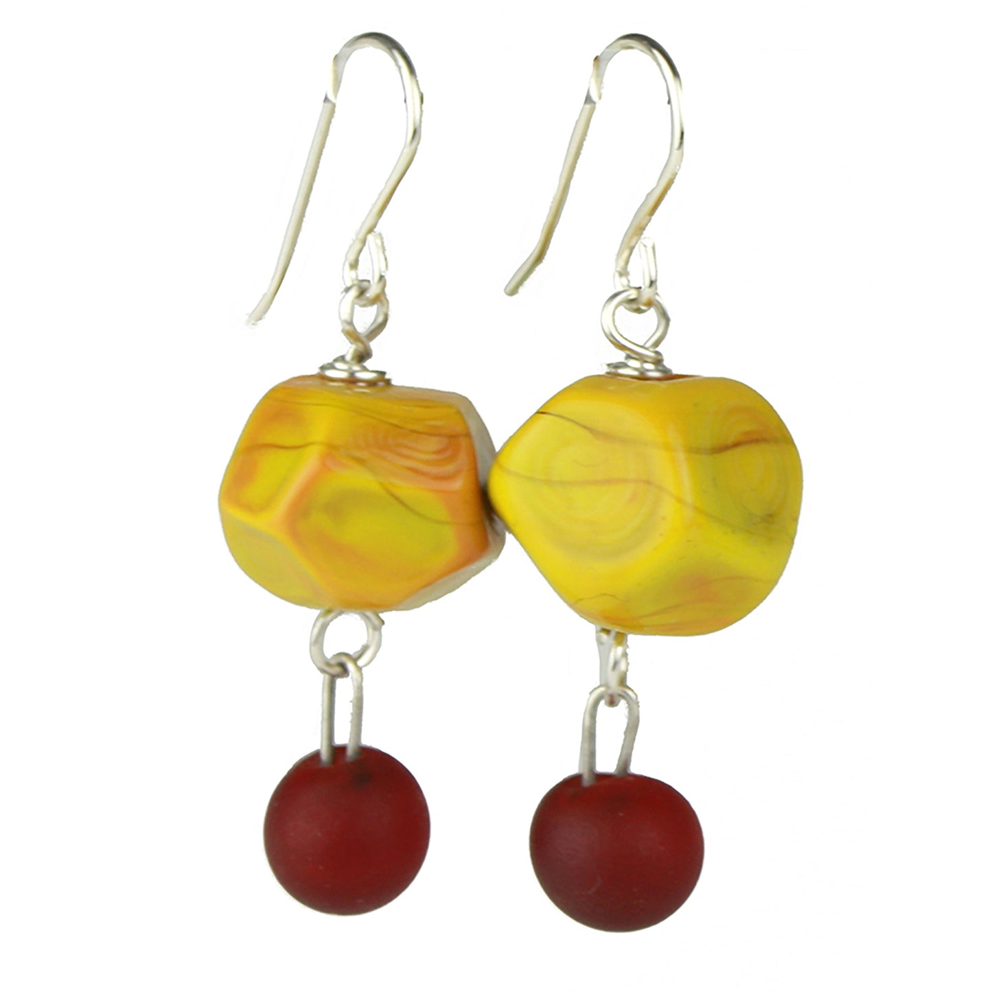 Nugget and charm earrings - ochre yellow and deep red