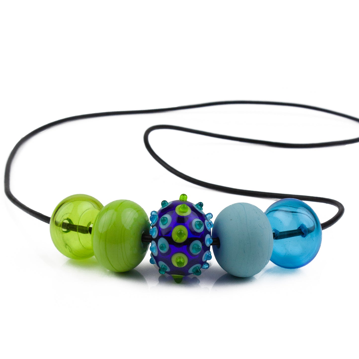 5 bubble bead necklace - blue and green with focal bead